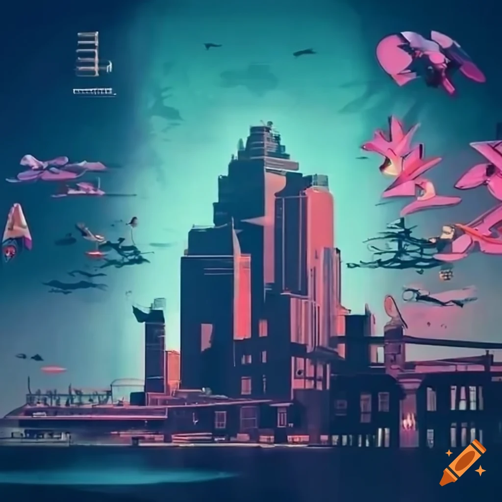 Retro-futuristic steam-powered cityscape with flying hummingbirds