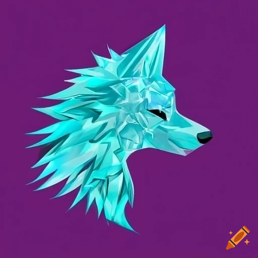 Ice crystal wolf head in profile in anime style with cyan and magenta