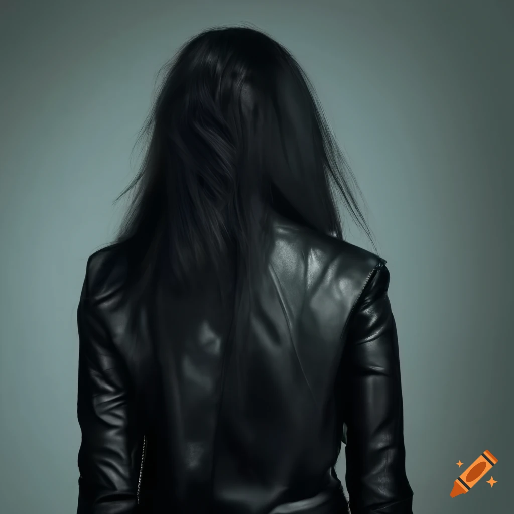Woman in black leather jacket in a room under renovation with dark long hair
