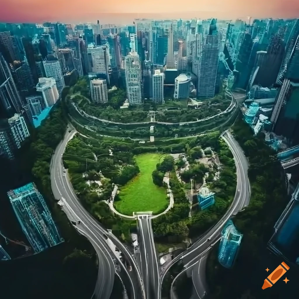 Aerial view of city park with dense skyscrapers and overpass loop on ...