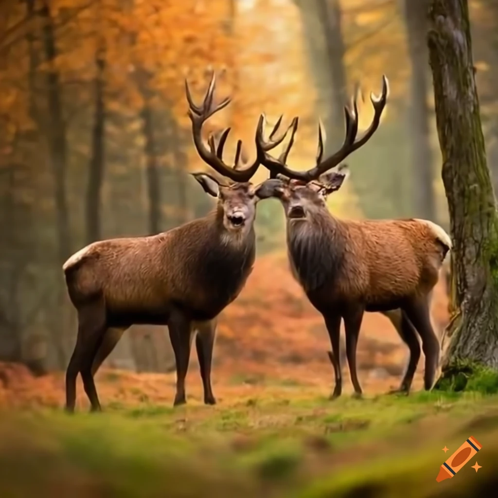 Two proud stags in autumn forest at sunset in Scotland