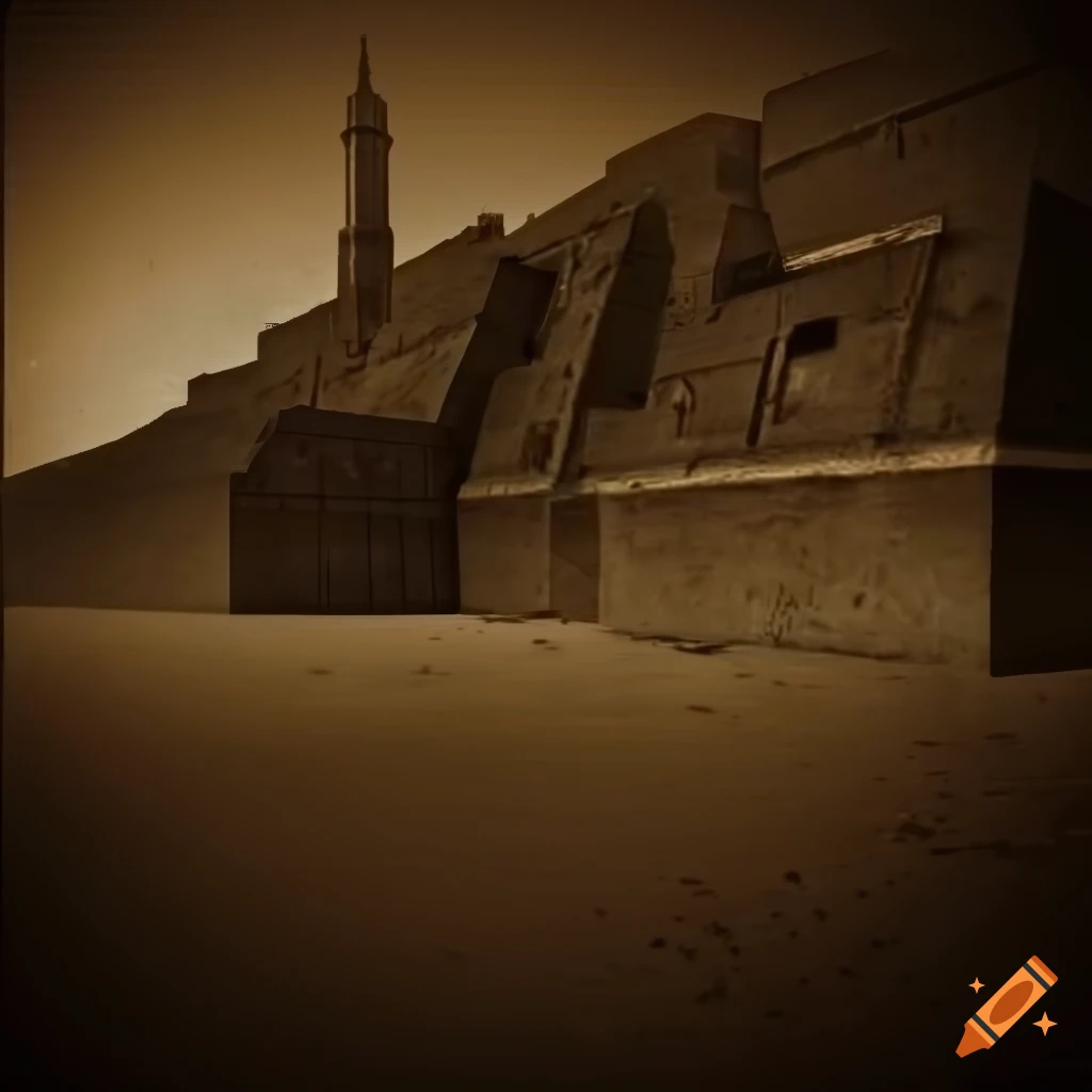 Sci-fi concrete military stronghold in sepia tone