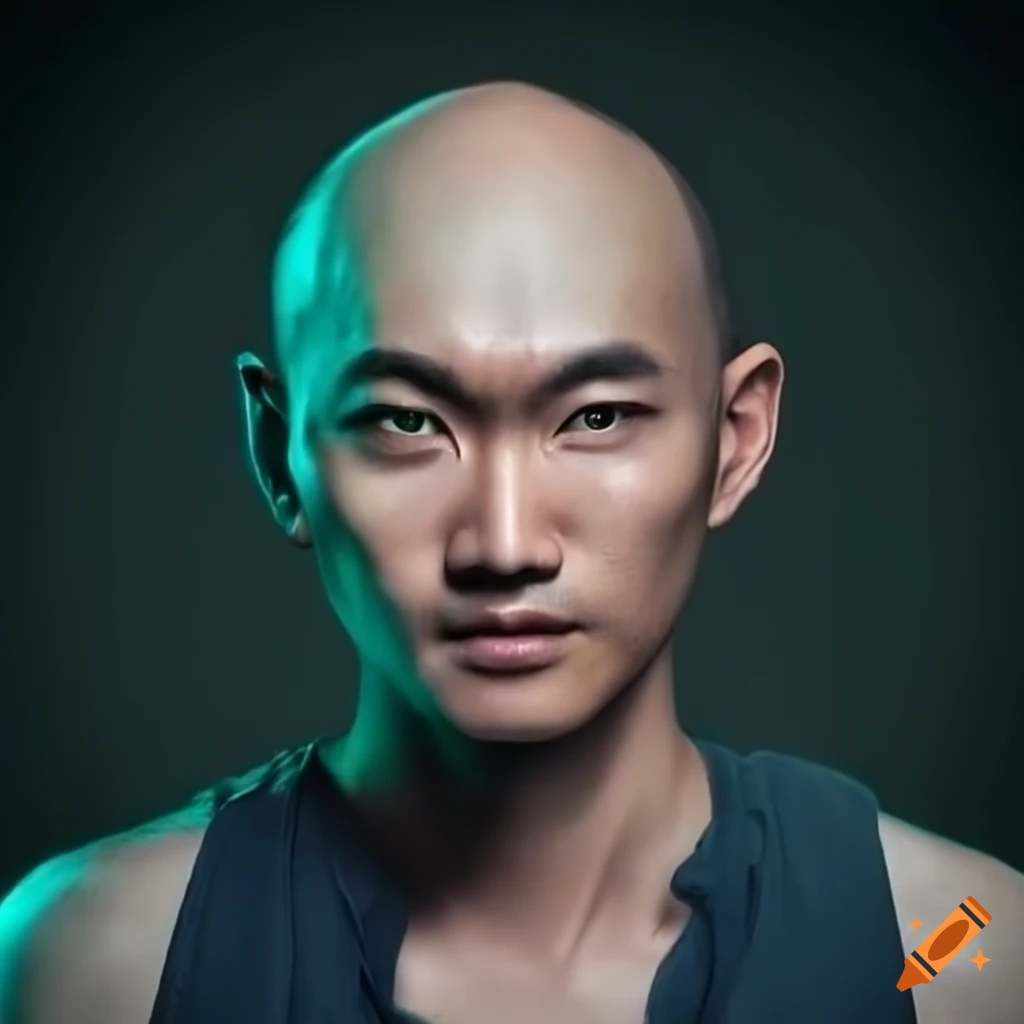 Realistic portrait of a cleanshaved halfasian man with green eyes on