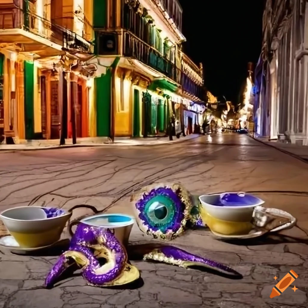 Mardi Gras mask on deserted Bourbon Street with old radios and coffee cups