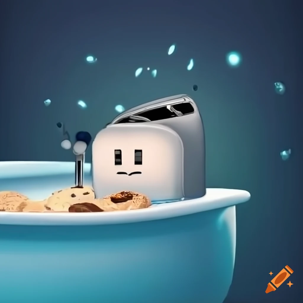 Quirky illustration of milk and cookies in a bathtub with a toaster on