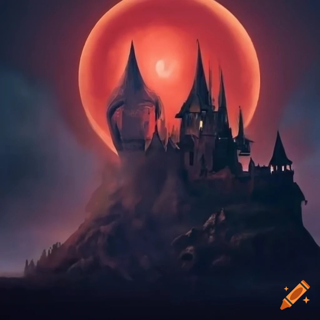 Fantasy dark castle on a hill with red moon, dragon, and mist on Craiyon