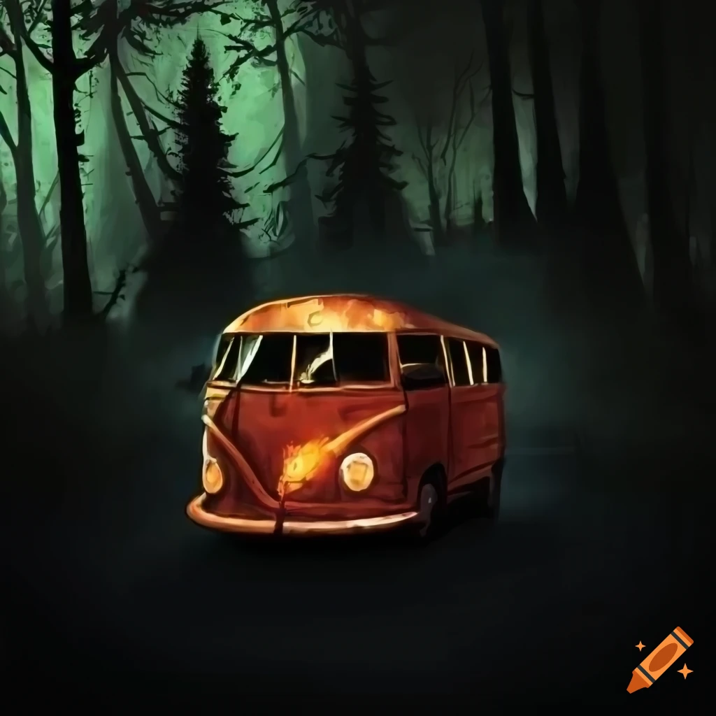 Volkswagen bus on a dark road in a spooky forest on Halloween night