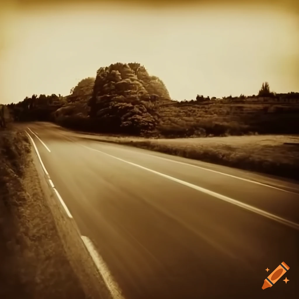 Sci fi jet car driving on a countryside road in sepia tone