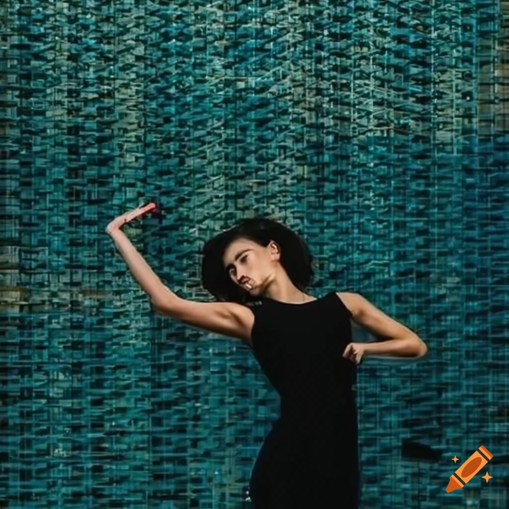 Captivating dancer in front of a bright industrial background with abstract patterns and geometric shapes