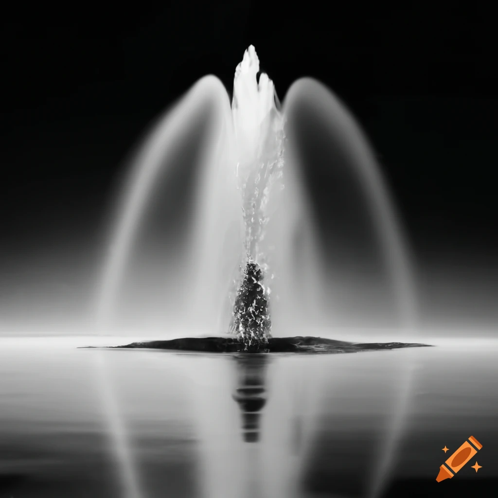 Monochrome fountain with water shooting out and god in reflection