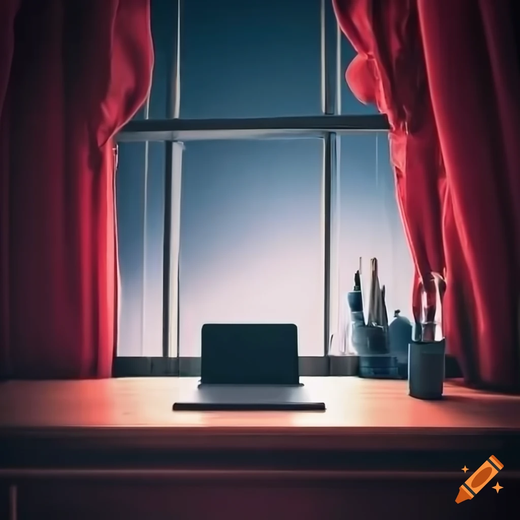 Open notebook computer on table in front of open window with curtains ...