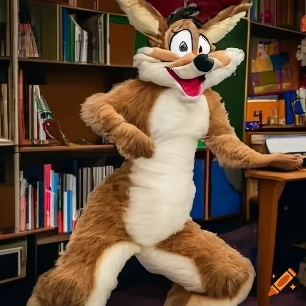 Female teacher in full body looney tunes coyote mascot costume fursuit