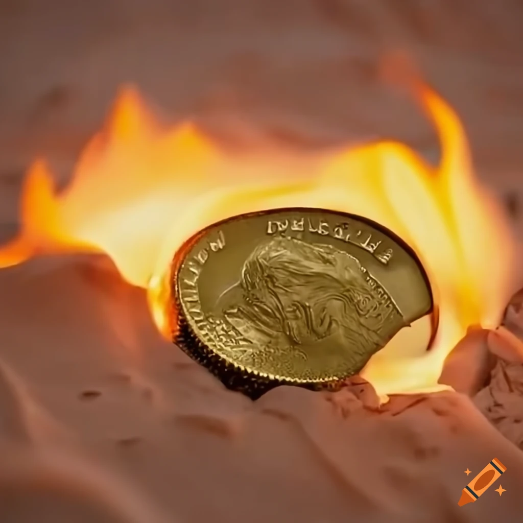 Burning gold coin in the desert on Craiyon