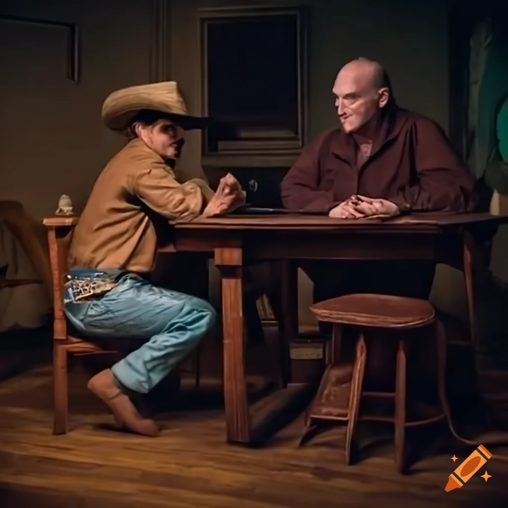 Irish man and Texan man in a dimly lit room having a conversation