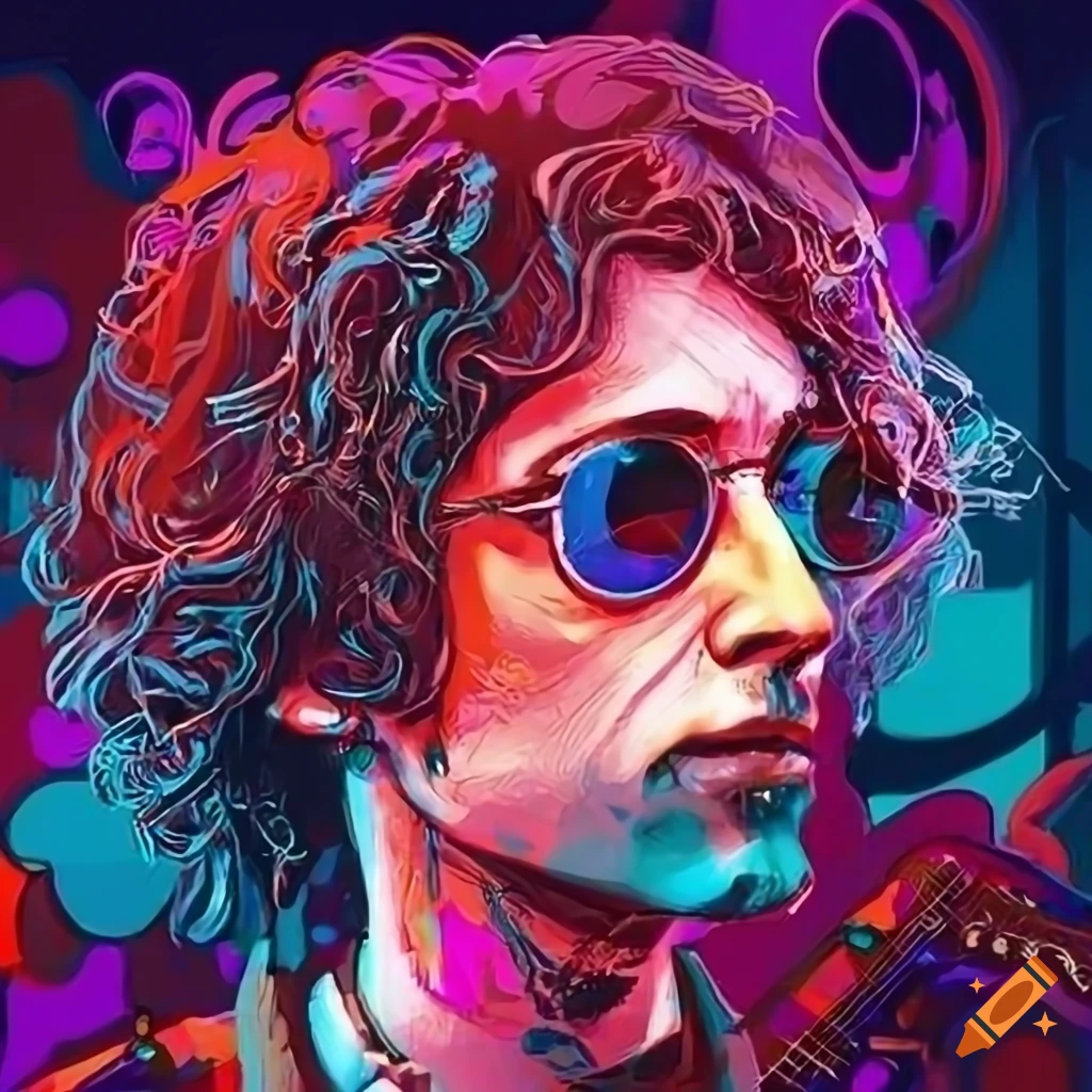 Male hippie cyberpunk character with bohemian style, resembling elements of Bob Dylan, John Lennon, and Jerry Garcia