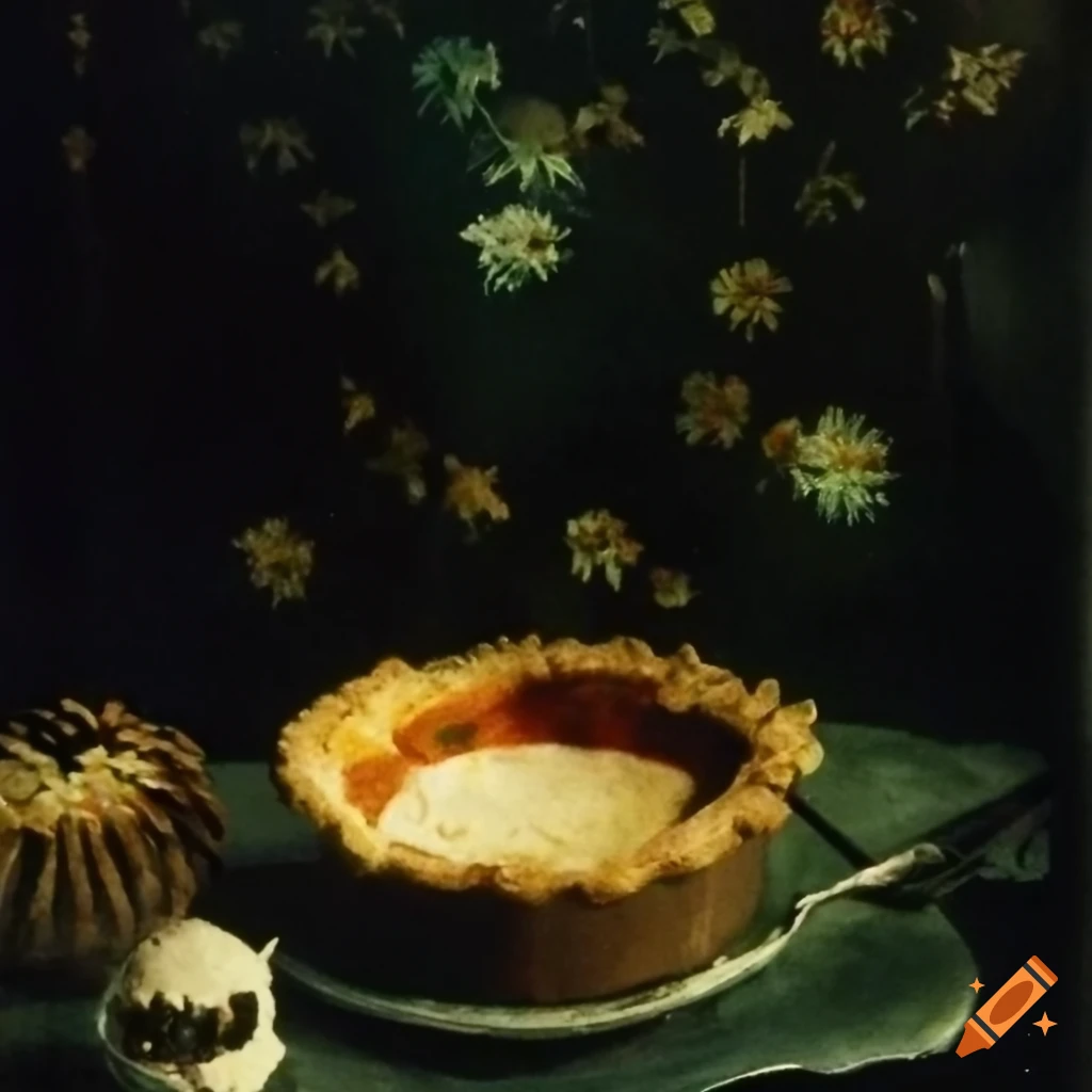 1934 autochrome photo of a ruddy fluffy pie with a pine cone