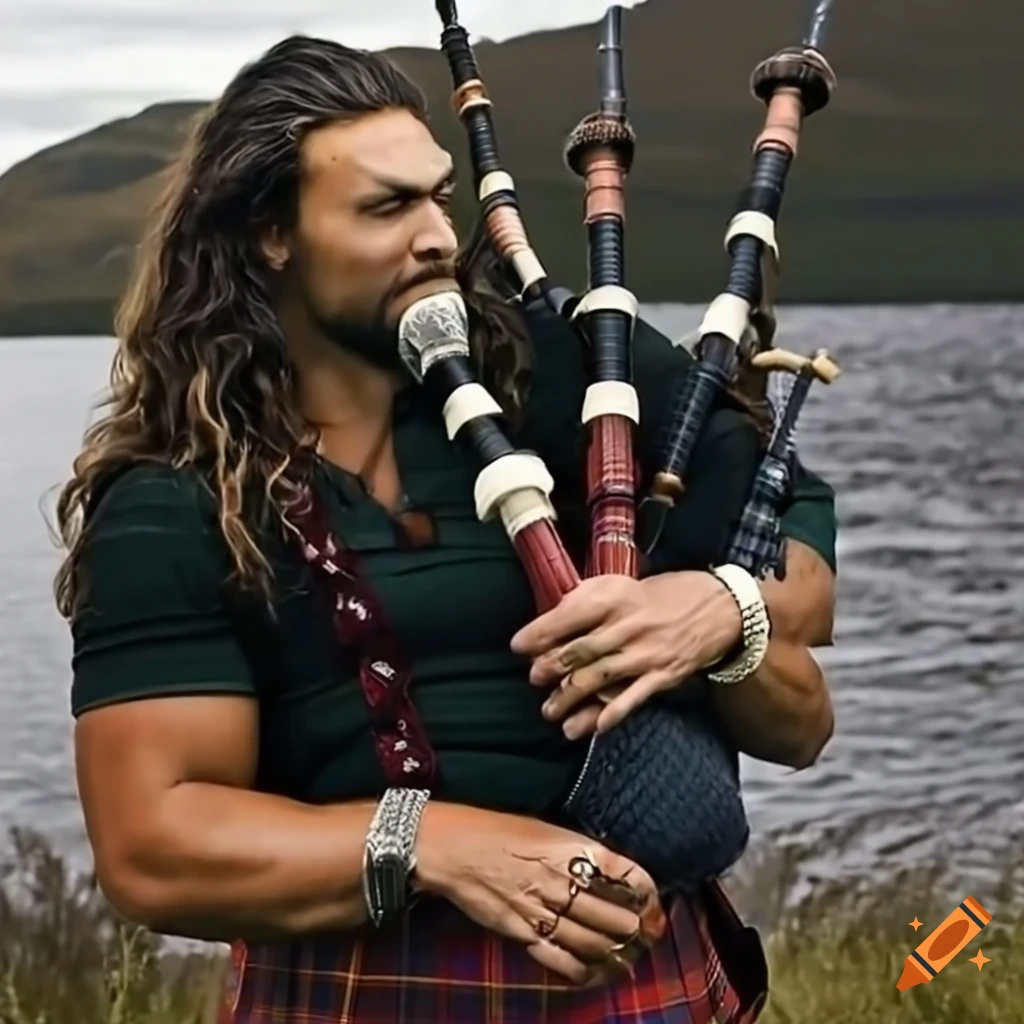 Jason momoa playing bagpipes at loch lomond in traditional kilt on Craiyon