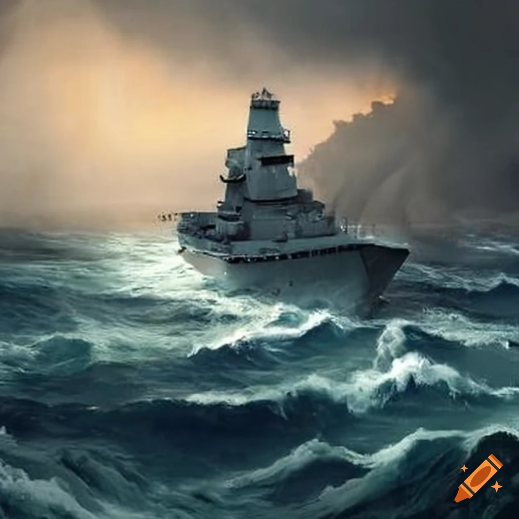 French modern warship in stormy seas near land