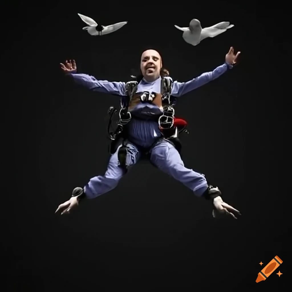 Man skydiving with a pigeon