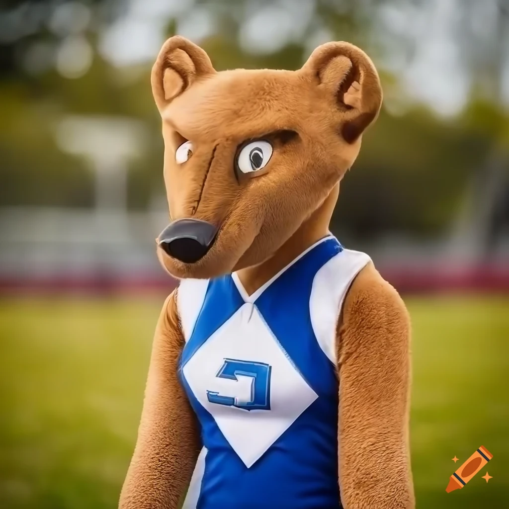 Detailed close-up of female Fossa mascot costume wearing cheerleader uniform at school sports field