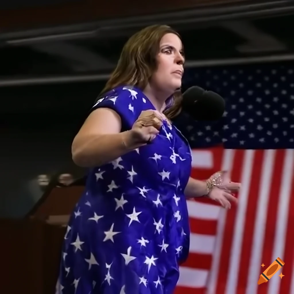 Representative elise stefanik in a dress surrounded by patriotic