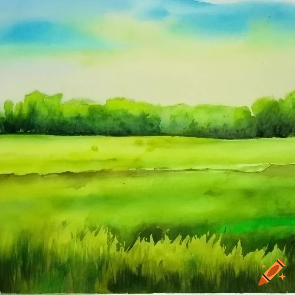 Green field watercolor drawing on Craiyon