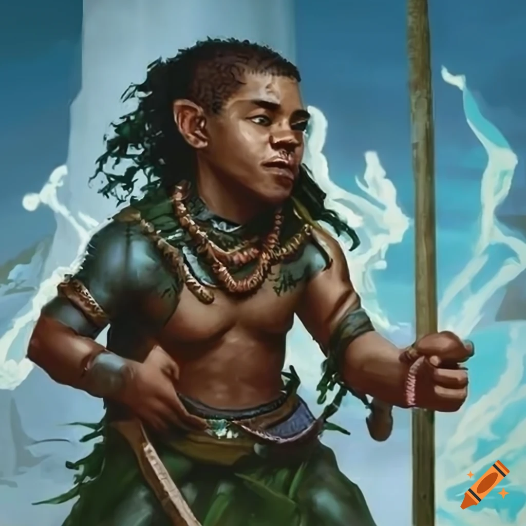 Dark skinned halfling male in traditional pacific island clothing on