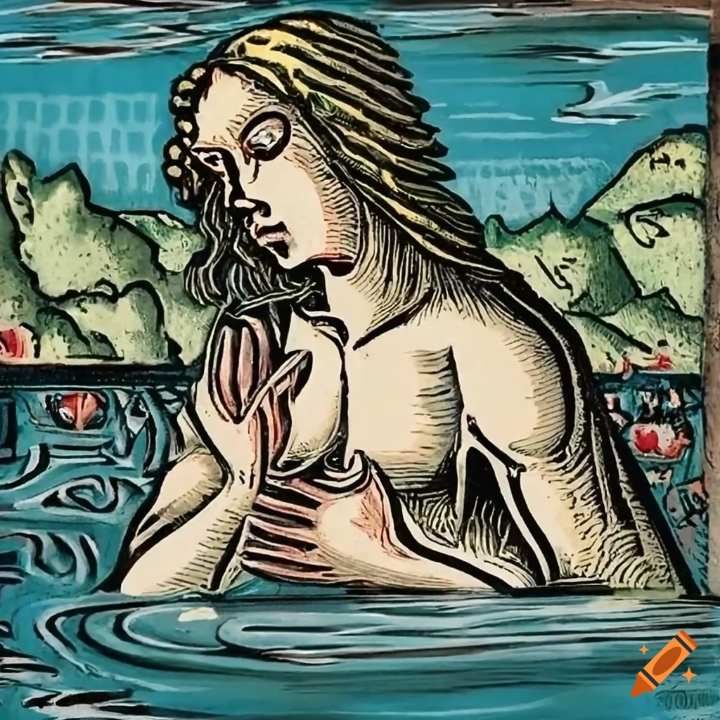 Blond long-haired muscular man praying in a medieval pool of water