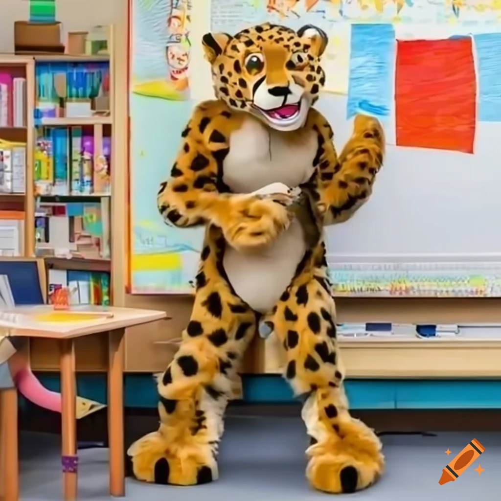 Female teacher wearing cheetah mascot fursuit in a classroom on Craiyon