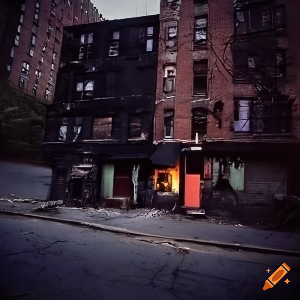 Dark and gritty 1990s style New York abandoned apartment with glowing television