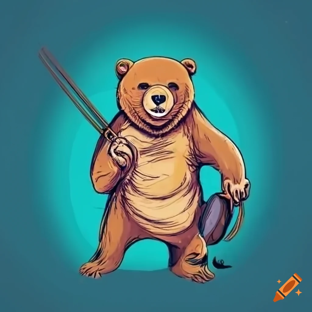 Bear with fencing equipment and holding a foil