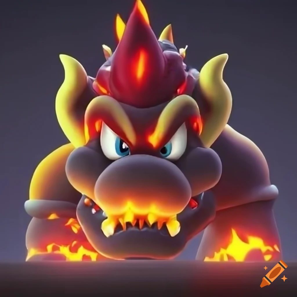 Shadowy closeup of bowser's menacing visage with shimmering eyes and electricity on Craiyon