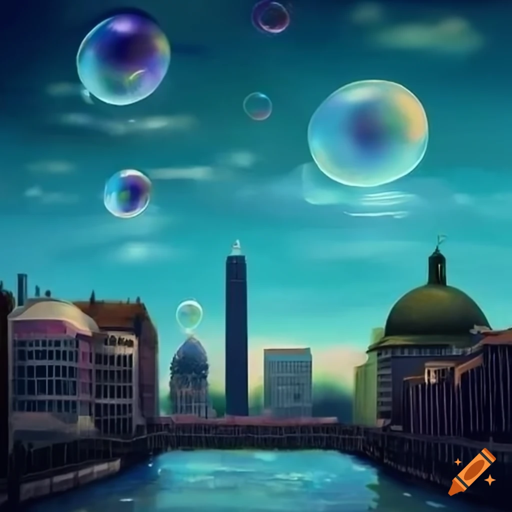 Surrealism Magritte style with buildings and bubbles