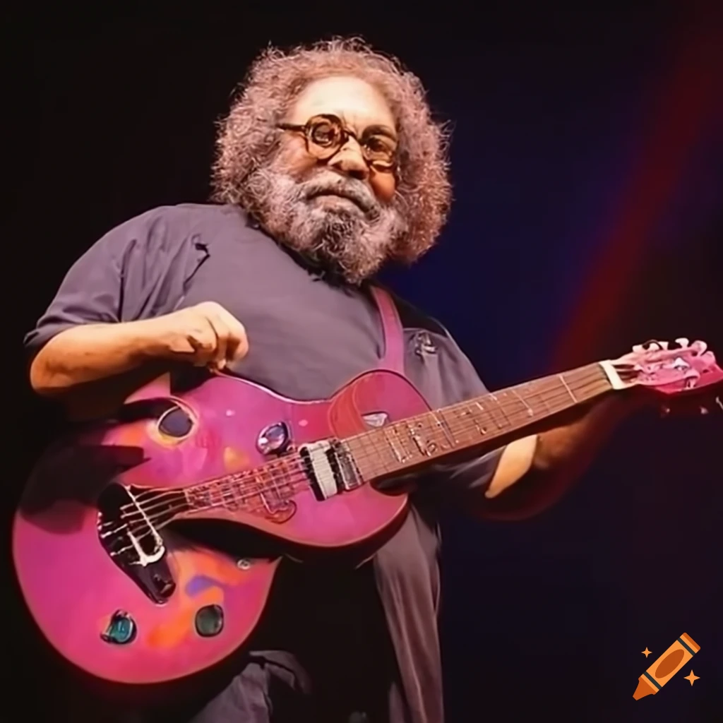 Jerry garcia playing a swiss cheese guitar in a colorful, dreamy