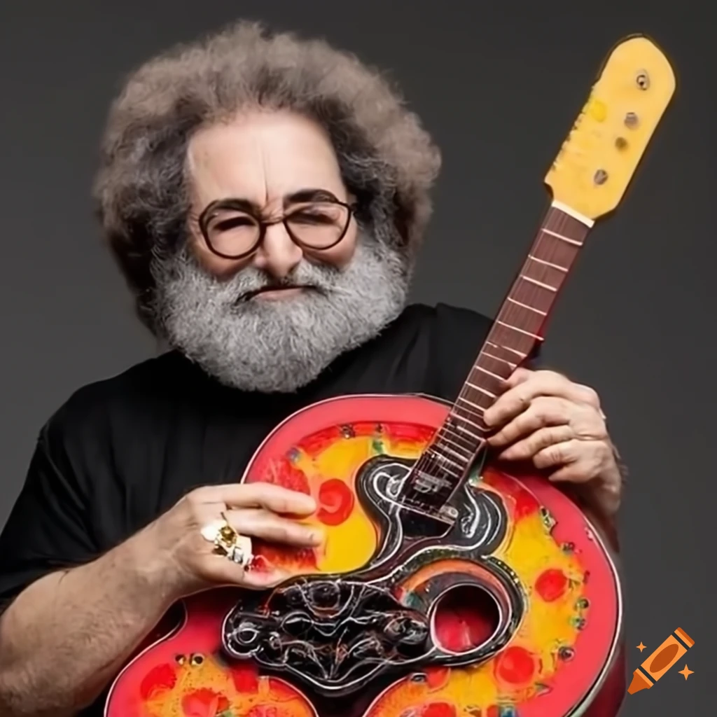 Jerry garcia playing a swiss cheese guitar in a colorful, dreamy
