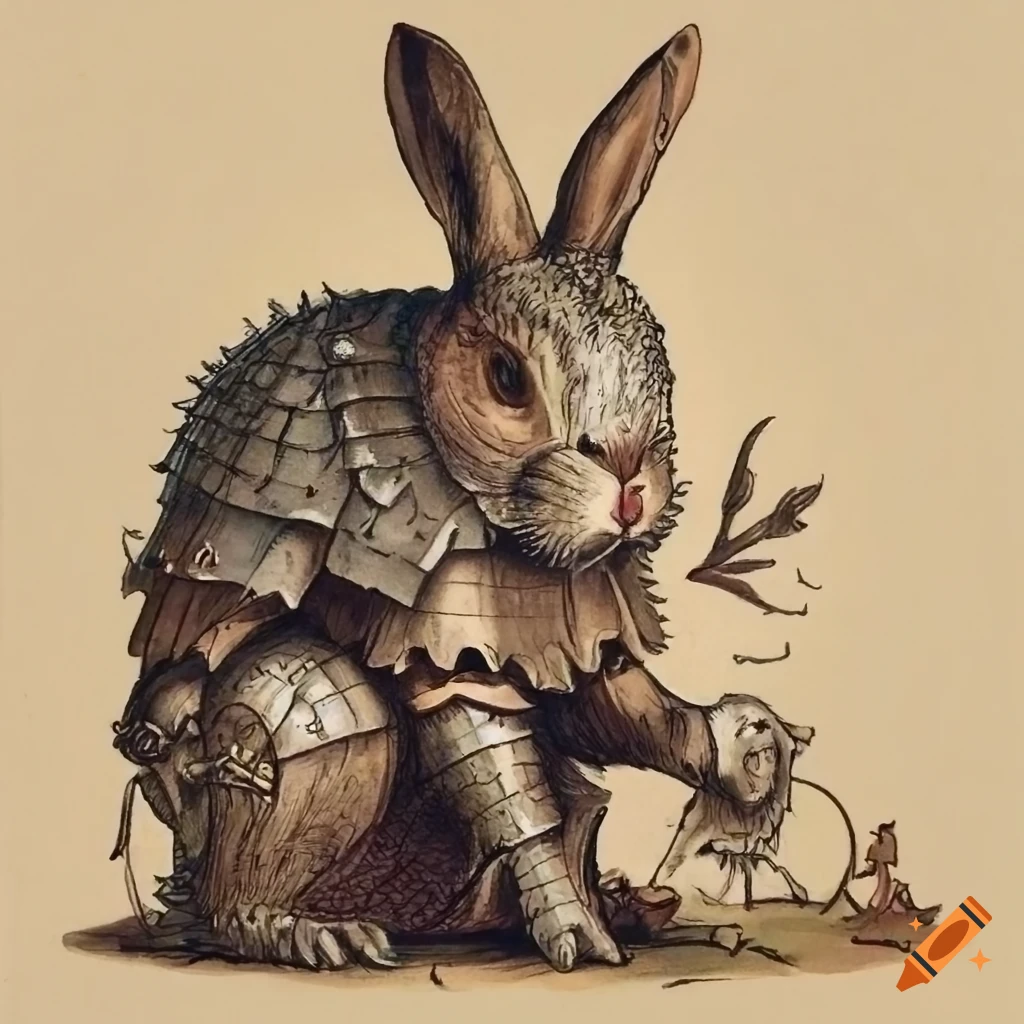 Drawing of an old giant rabbit in renaissance armor in an enchanted ...