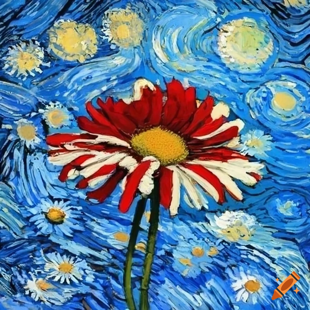Red and white daisies on Mars at sunset with a cobalt blue sky in Van Gogh style