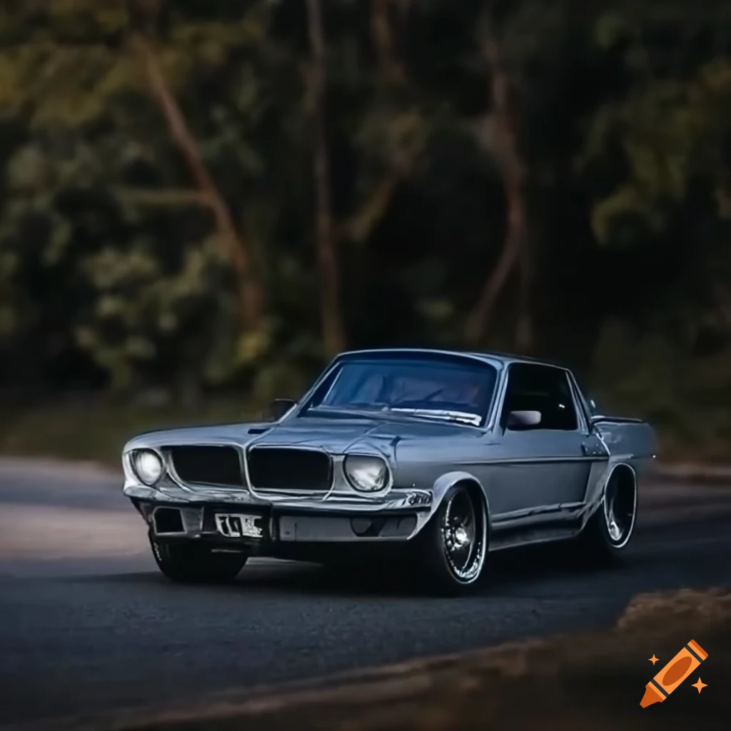 Old grey BMW and old Ford Mustang drifting on a road bend in the bush