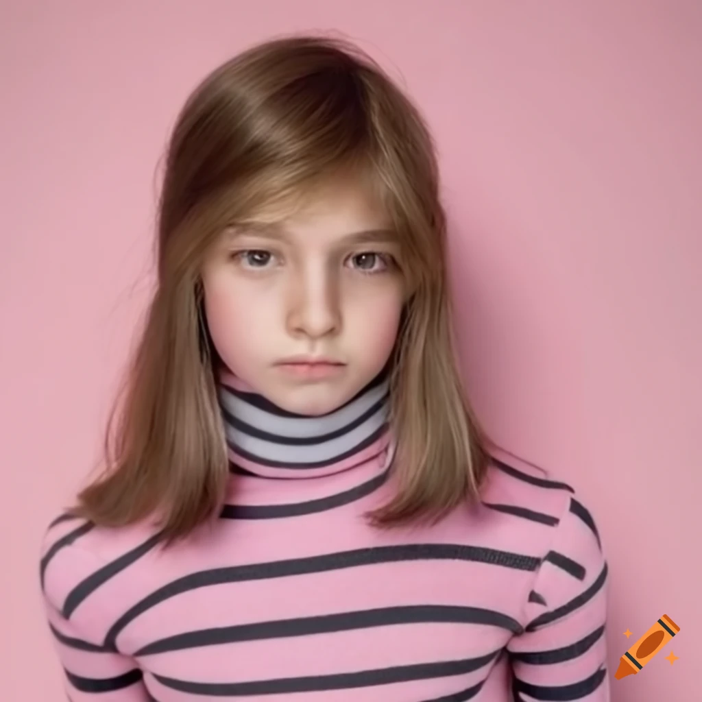Cute 12-year-old in a pastel pink-gray turtleneck looking at the camera