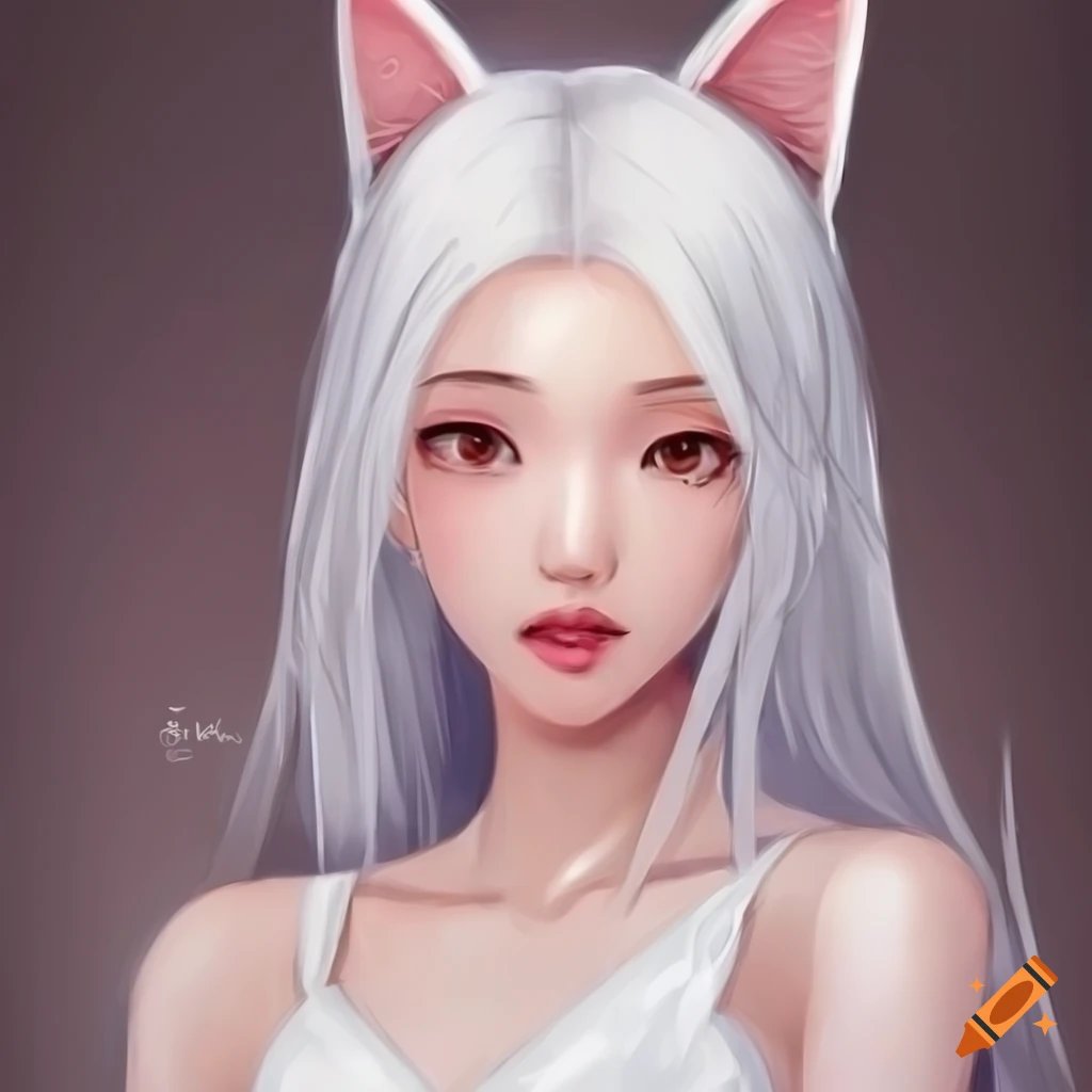 Female character with long white hair, cat ears, pink eyes, and a white