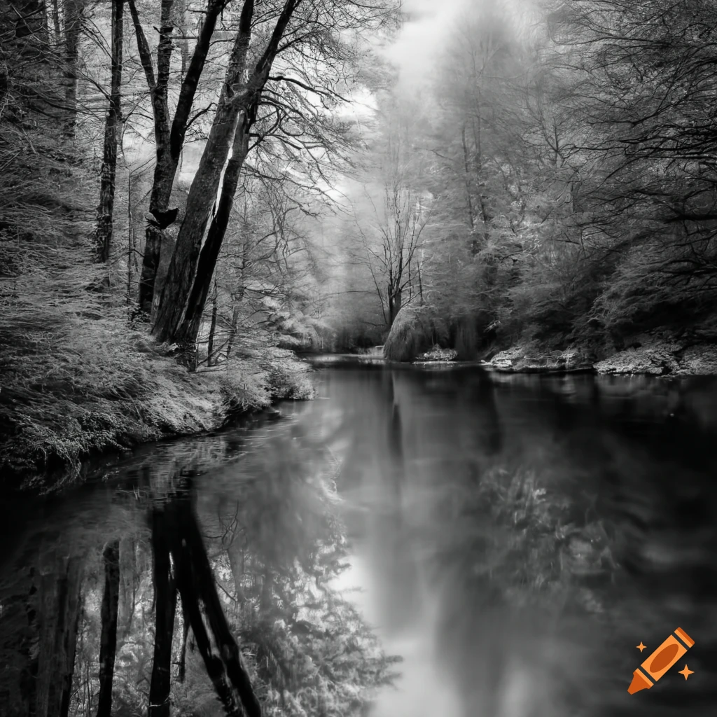 Black and white photography of white maple trees along a calming creek on Craiyon