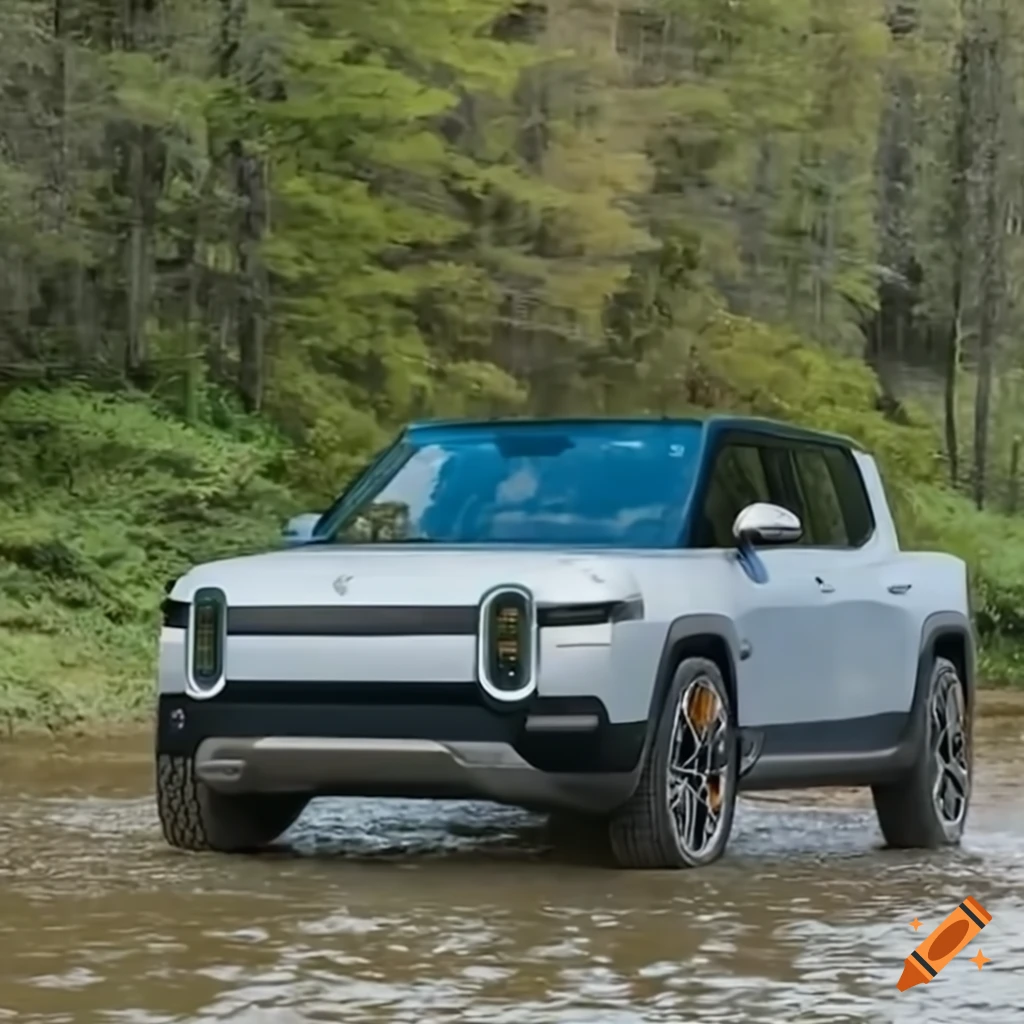 Rivian r1t driving across a creek