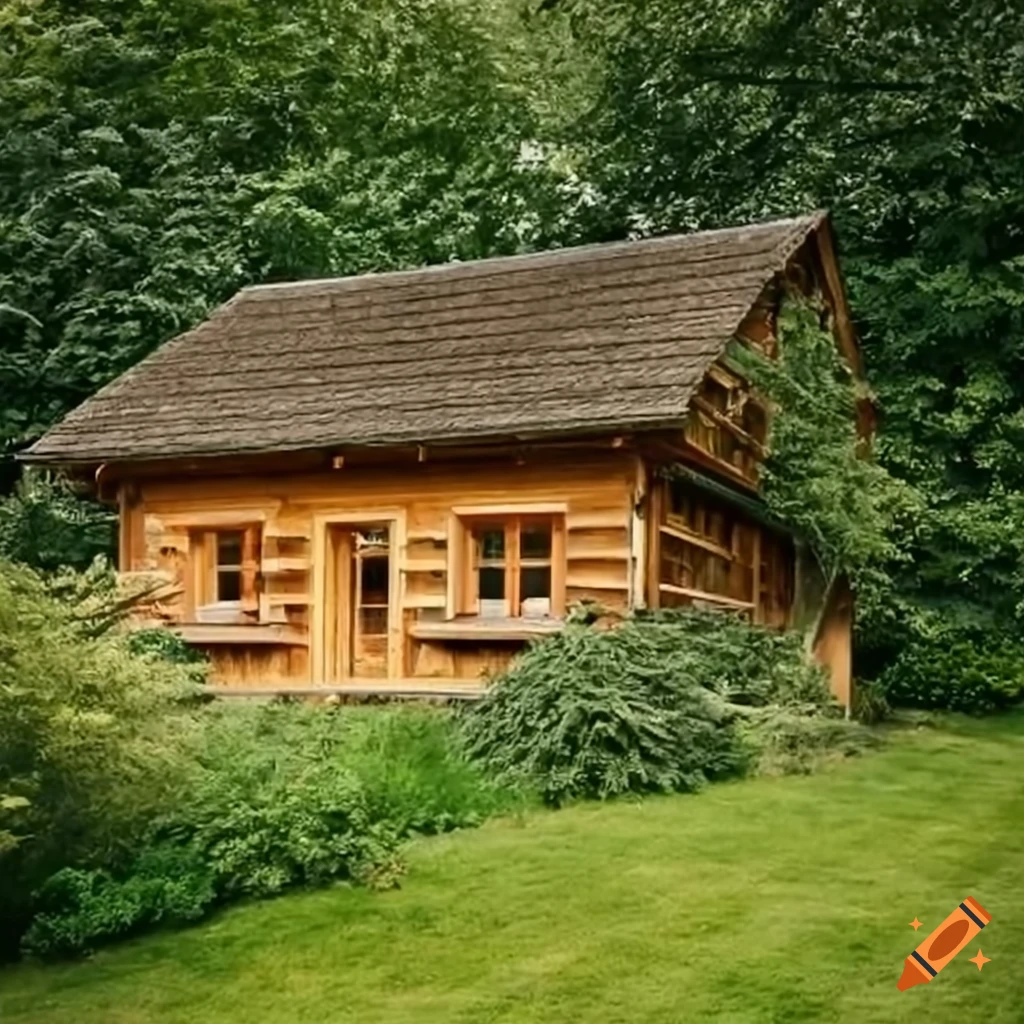 Kleines holzhaus mit garten und drei apfelbäumen umgeben von wald on