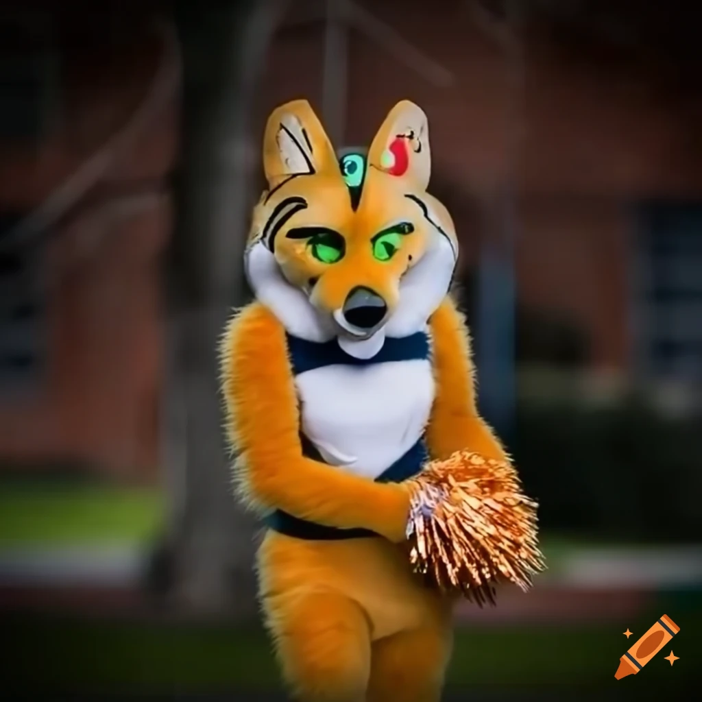 Female Thylacine mascot fursuit in cheerleader uniform at school sports field