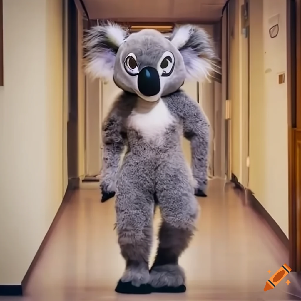 Female teacher wearing full body koala mascot fursuit at school hallway