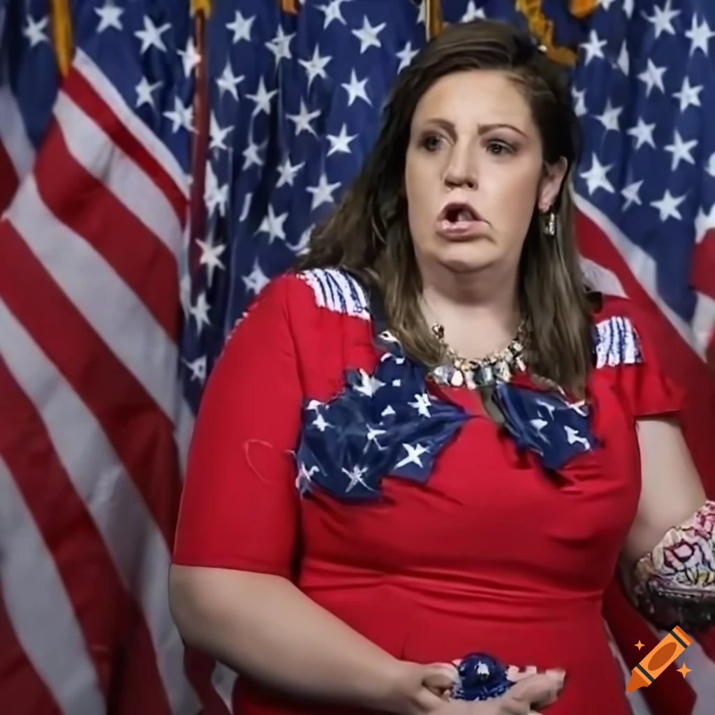 Representative elise stefanik in a dress surrounded by patriotic