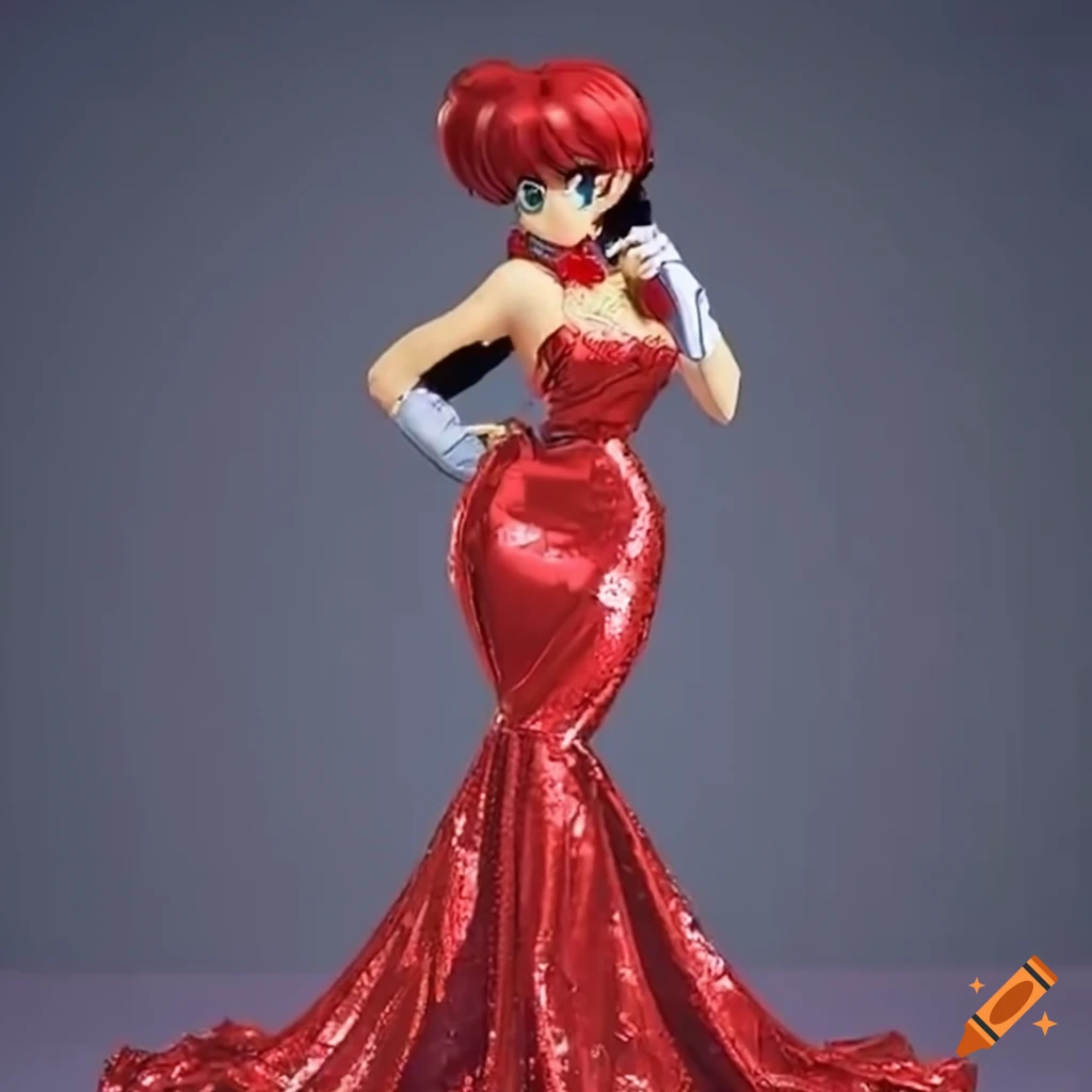 Ranma in Jessica Rabbit's red gown and satin opera gloves on Craiyon