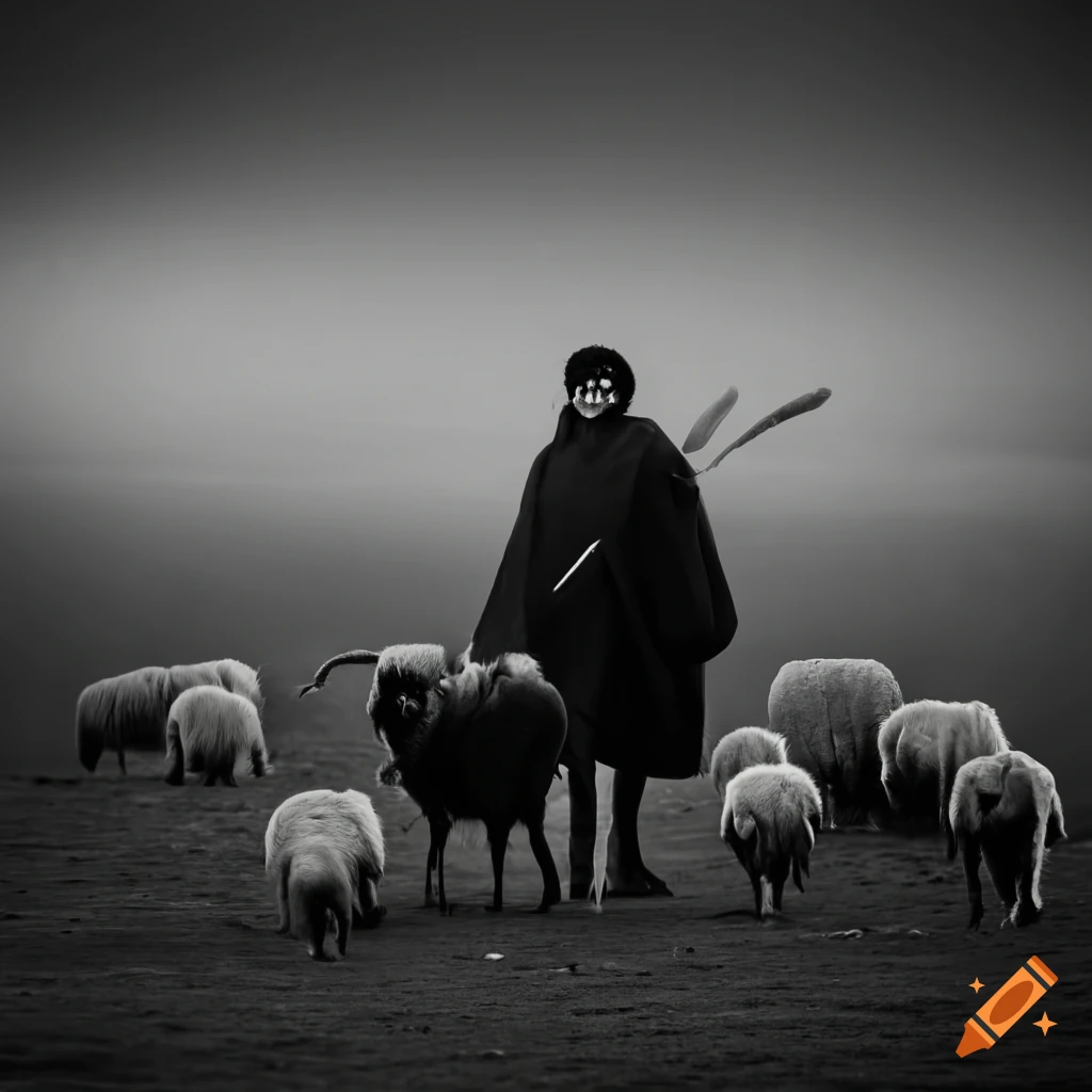 Shepherd and sheep in a black and white field