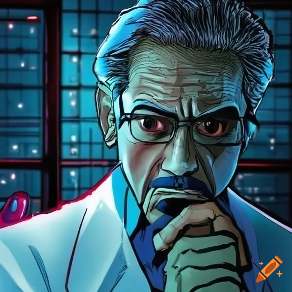 Comic book style Evil Genius Scientist in a dark room