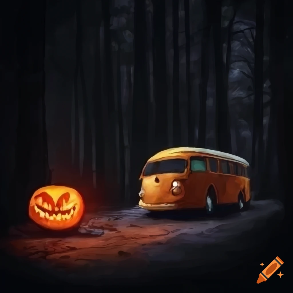 Volkswagen bus on a dark road in a spooky forest on Halloween night